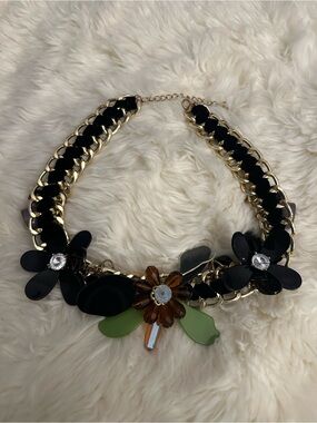 Statement Black & Gold Floral Necklace with Green Accents